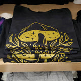 Celestial Gold Mushroom and Moon - Women's Cut Black T-shirt