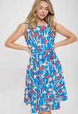 Blue Mushroom Print Fit and Flare - Dress