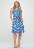 Blue Mushroom Print Fit and Flare - Dress