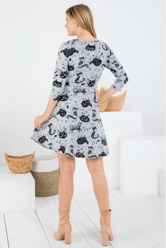 Crystal Cat Print Winter - Grey Tunic Dress Universe In The Clouds Crystal Cat Print Winter - Grey Tunic Dress Universe In The Clouds