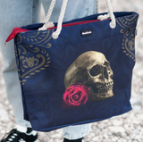 Skullistic Rose Skull Navy Shoulder Beach Bag