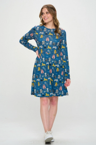 Colorful Cat Print Tunic Dress Blue - Dress