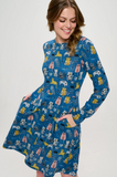 Colorful Cat Print Tunic Dress Blue - Dress