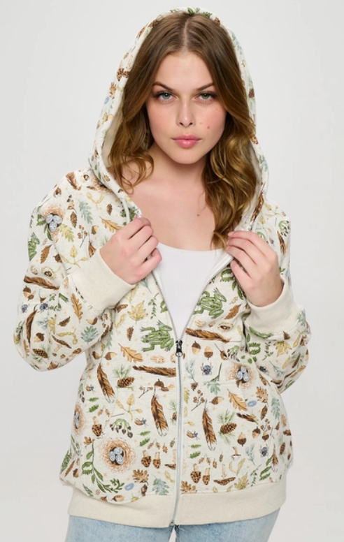 Forest Foliage Print Zip Up Hoodie