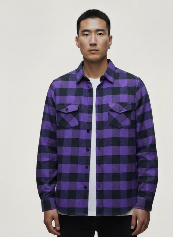 Purple and Black - Flannel Long Sleeve Buffalo Plaid Shirt
