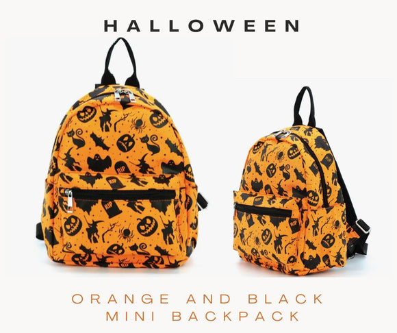 a orange mini backpacks Orange Halloween Collage Mini Backpack in Nylon – Universe In The Clouds