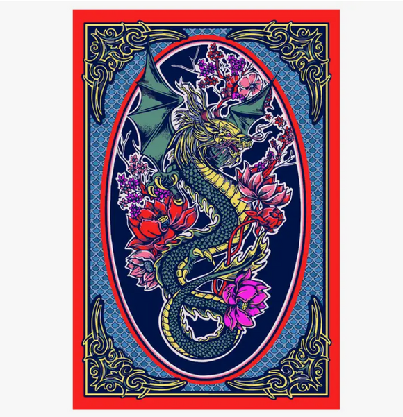 3D Dragons Flowers Tapestry