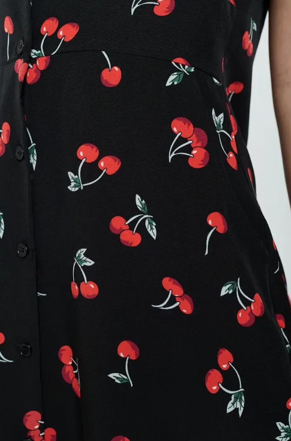 Cherry Print Black Dress With Pockets – Universe In The Clouds
