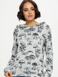 Grey and Black Mushroom Print - Long Sleeve Hooded Shirt