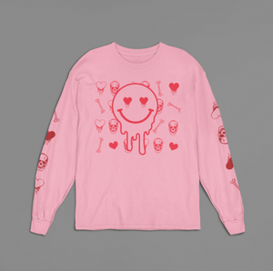 Dripping Smiley Face -Skull, Heart, Bone -Pink Long sleeve T-shirt